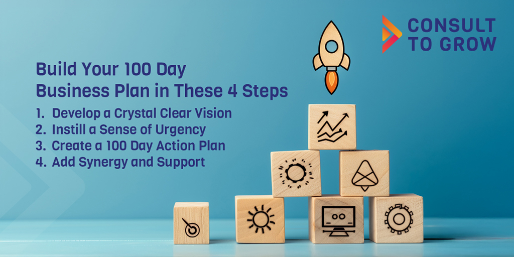 Build Your 100 Day Business Plan in These 4 Steps

Develop a Crystal Clear Vision
Instill a Sense of Urgency
Create a 100 Day Action Plan
Add Synergy and Support